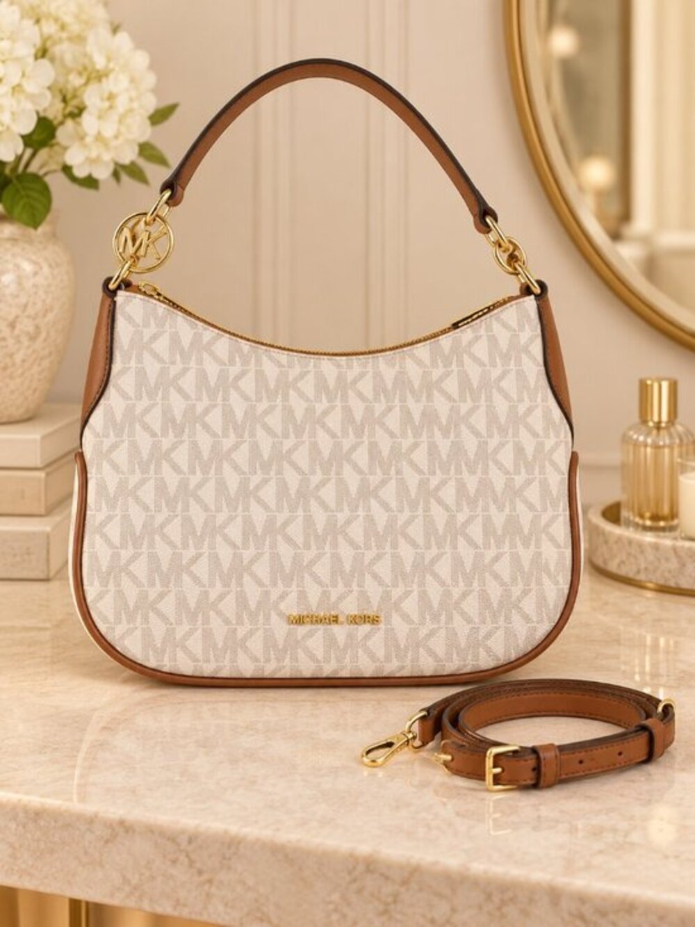 Michael Kors Signature MK Logo Hobo Bag Shoulder Crossbody White Brown NWT